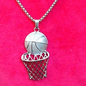 Unisex24",Silver plated necklace and basketball w/hoop pendant.